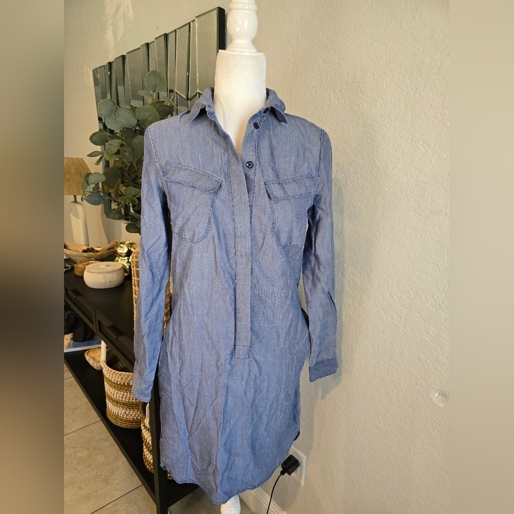 LACOSTE Long Sleeve Half Button Yocell Medium Blue Tunic Dress Size 32